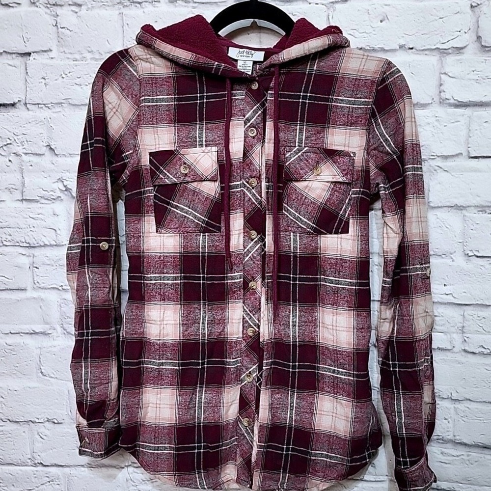 Just Polly Womens XS Burgundy Plaid Hooded Flannel Shirt Sherpa Lined Hood NEW